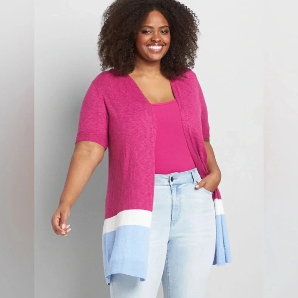 Lane Bryant | Pink Blue Color-block Open Front Cardigan Plus Size 22 / 24